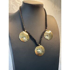 Vintage Gold Textured Disc Pendant Statement Necklace With Twisted Cord